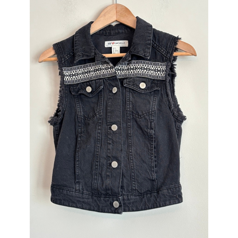 H&M Coachella Black Denim Vest White Embroidery Size 6